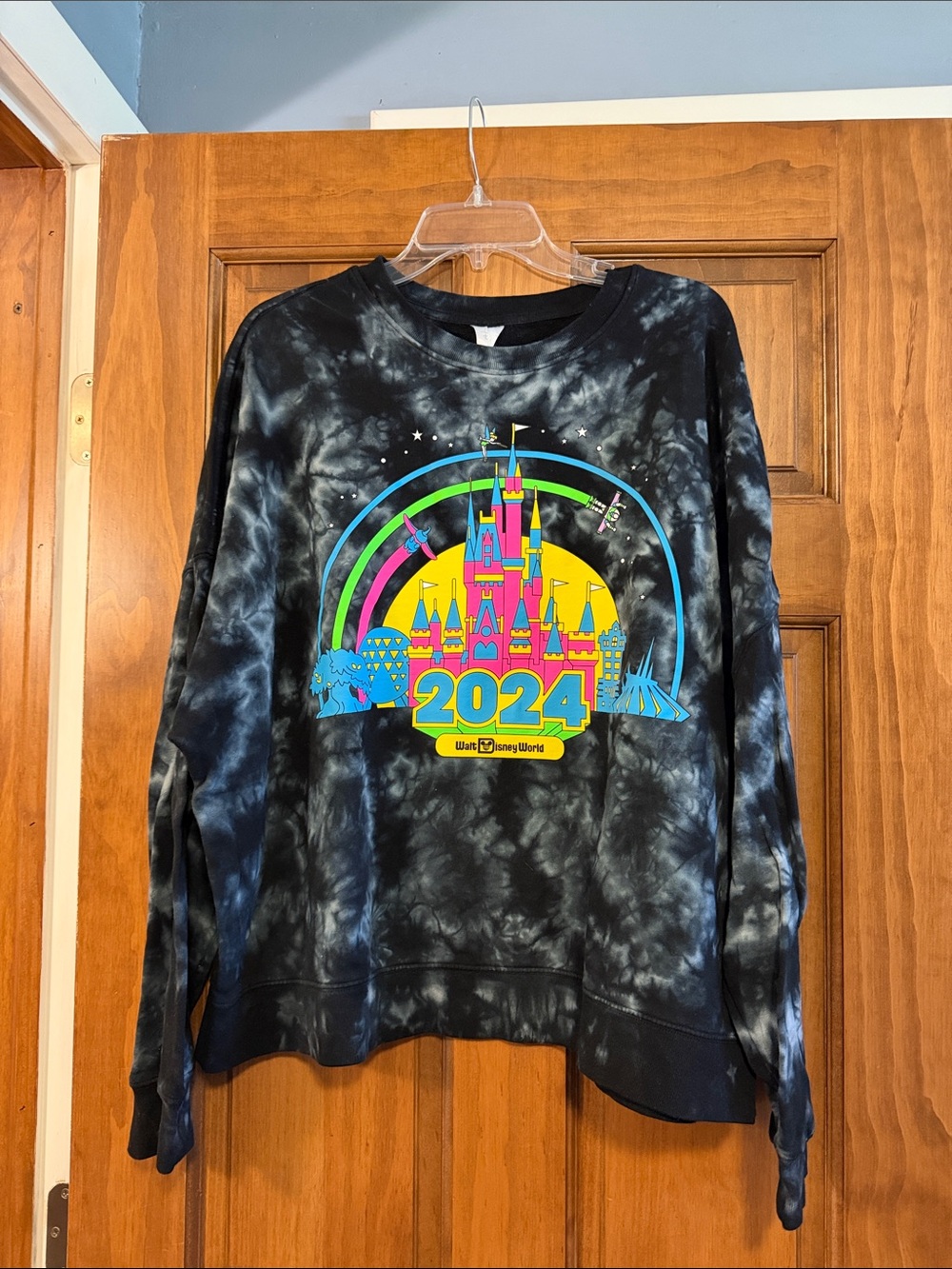Disney Black Tie-Dye Neon 2024 Castle Crewneck Sweatshirt - Size XL